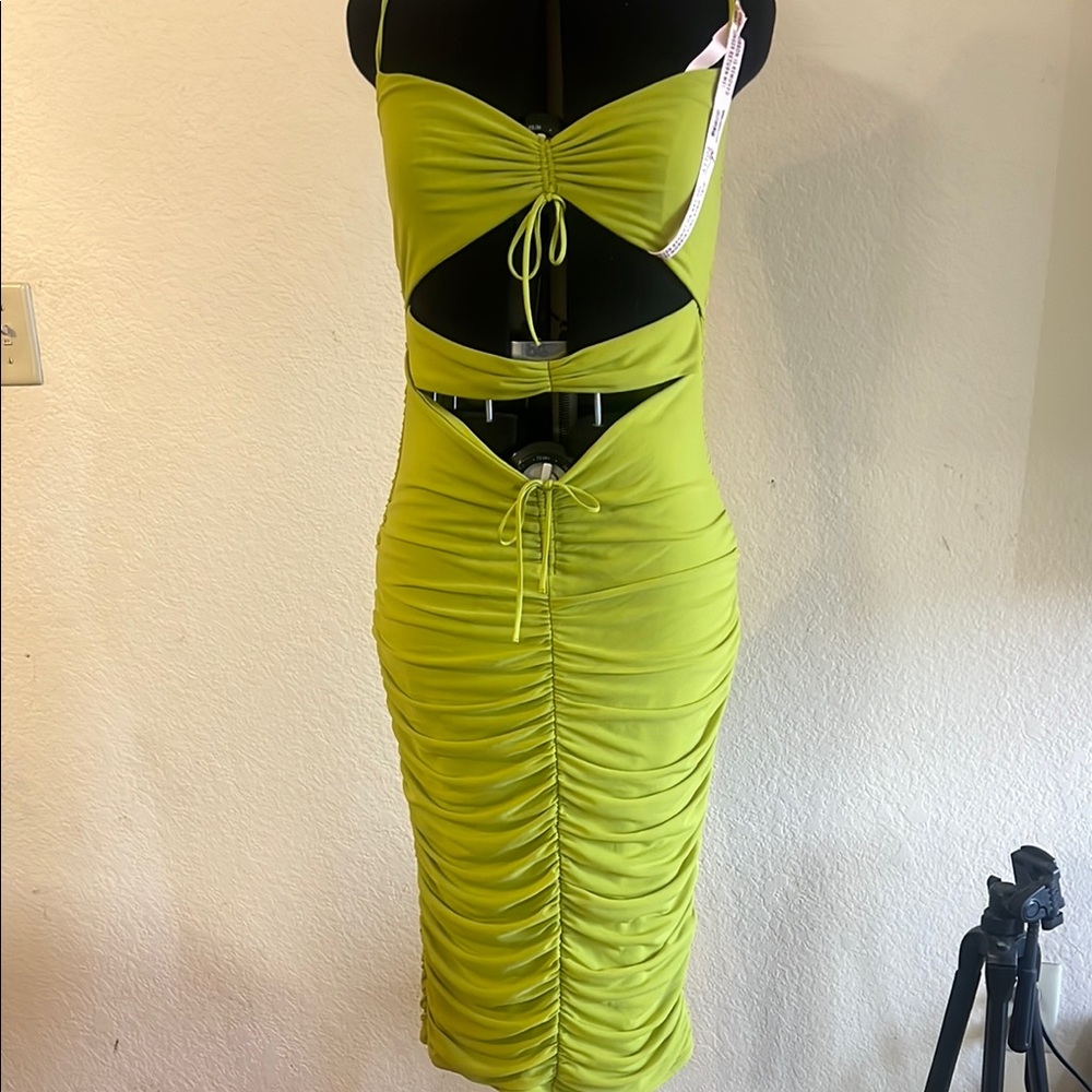 OH POLLY Lime Green Ruched Midi Dress